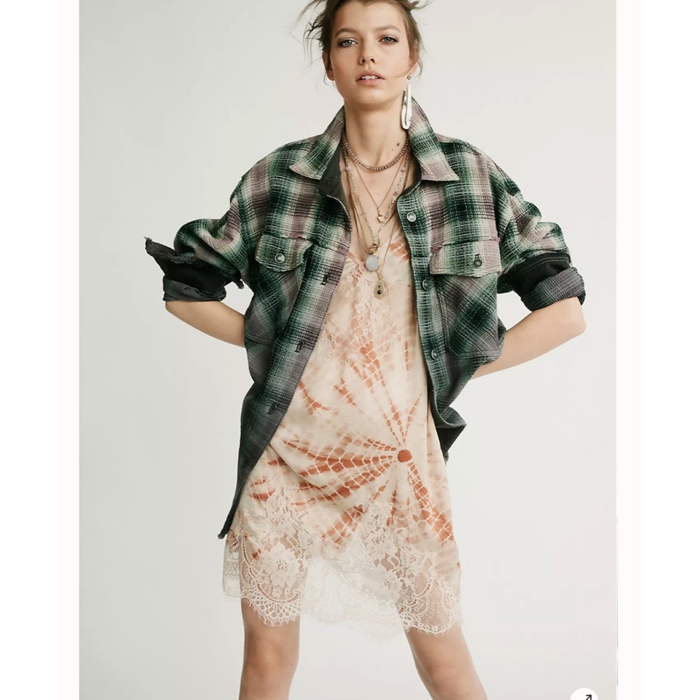 FREE PEOPLE Anneli Plaid Shirt Jacket Ombre Spanish Olive